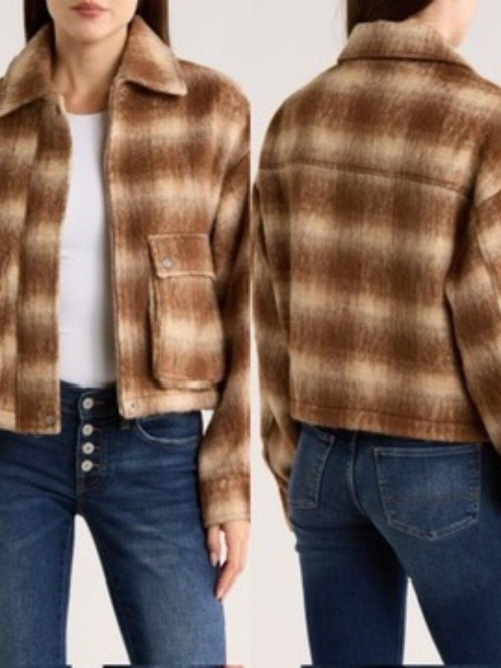 Lucky Brand Cropped Plaid Jacket Light Brown Ombre Size L